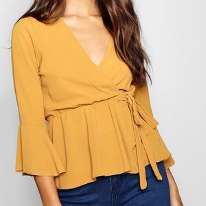 Boohoo Wrap Front Peplum Hem Blouse